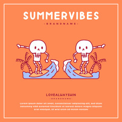 Trendy two skulls character surfing, illustration for t-shirt, sticker, poster, or apparel merchandise. Pop art style.