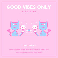 Cat with one eye holding skull head, illustration for t-shirt, sticker, poster, or apparel merchandise. With doodle, retro, and cartoon style.