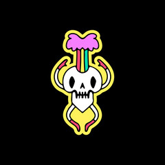 Funny skull with rainbow explosion, illustration for t-shirt, sticker, or apparel merchandise. With doodle, retro, and cartoon style.