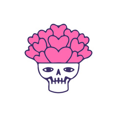 Funny skull head full of hearts symbol, illustration for t-shirt, sticker, or apparel merchandise. With doodle, retro, and cartoon style.