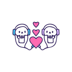 Two skulls wearing headphone and listening to heart, illustration for t-shirt, sticker, or apparel merchandise. With doodle, retro, and cartoon style.
