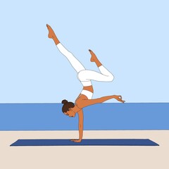Handstand Pose / adho mukha vrksasana. Flexible Woman doing inverted yoga asana pose exercise on yoga mat in nature fashion illustration painting portrait poster