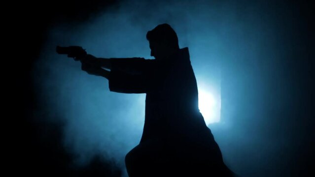 Professional hitman in long Coat with a gun in his hand, dramatic lighting and smoke.