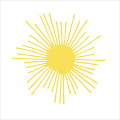 Yellow sun icon with rays on a white background. A vector image drawn by hand. Logo, template, icon, clipart, sketch. Design of a postcard, banner.