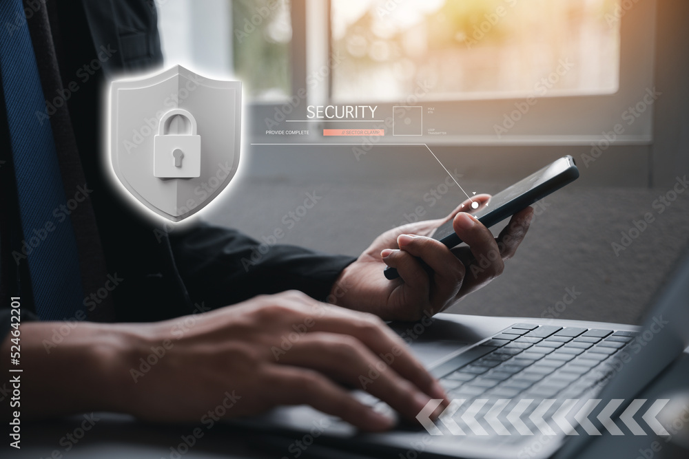 Poster security technology app. business man work with laptop computer hold smart mobile phone with 3d padl