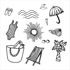 A set of vector elements and icons on a beach and summer theme: chaise longue, umbrella, swimsuit, cap, bag, towel, sun, waves, glasses, seagull, slates. Sketch, logo, icons, clipart, templates.