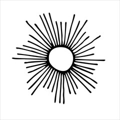 The sun with rays. Icon, clipart, sketch, logo, template, layout, design. Vector black-and-white hand-drawn illustration. Isolated object on a white background.