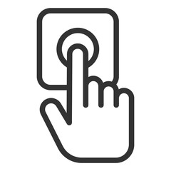 The hand presses the bell, the parcel was delivered to the addressee to the door - icon, illustration on white background, outline style