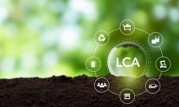 LCA, Life cycle assessment concept. Methodology for assessing environmental impacts associated on value chain product. Carbon footprint evaluation. ISO LCA standard aims to limit climate change.