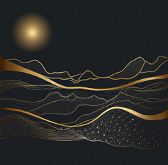 Golden mountains flat background, landscape art design in minimalist style with gold lines. Sun or moon mountains, hills, golden lines. luxury print for poster, card, canvas, cover, banner, fabric.