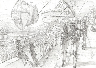 science fiction pencil sketch of a futuristic colony on an unknown planet.