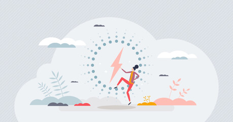 Wireless electricity with power charging without cable tiny person concept. Voltage network for smart devices and IoT equipment vector illustration. Round modern accumulator charge lightening sign.