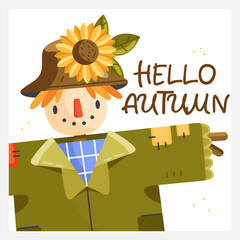 Hello autumn greeting card with cartoon scarecrow. Vector autumn poster illustration.