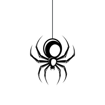 black and white spider. 
the spider hangs on a web. black simple symbol. vector illustration. insect