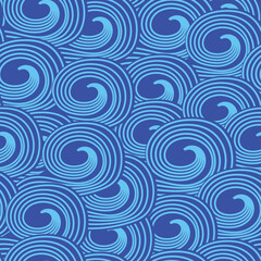 Fototapeta na wymiar Abstract swirly ocean blue waves seamless pattern. For backgrounds, textile, home décor and fabric 