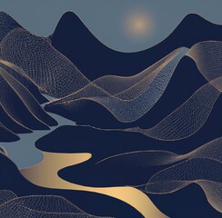 Golden mountains flat illustration, landscape art design in minimalist style with gold lines. Sun or moon mountains, hills, golden lines. luxury print for poster, card, canvas, cover, banner, fabric. - 524649066