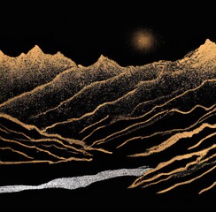 Golden mountains flat illustration, landscape art design in minimalist style with gold lines. Sun or moon mountains, hills, golden lines. luxury print for poster, card, canvas, cover, banner, fabric. - 524649074
