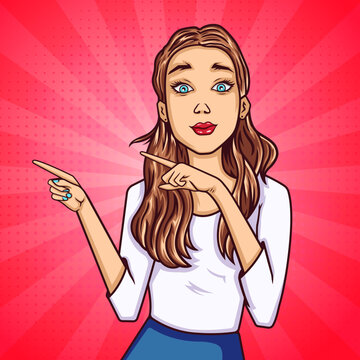Surprised Beautiful fashion girl pointing both finger to direction pop art style background