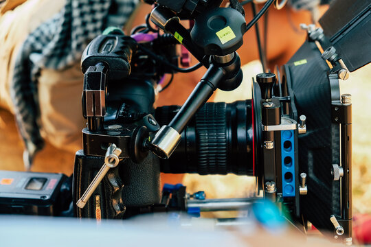 Detail image of Cinema Camera on Film Set, Behind the scenes background, film crew production