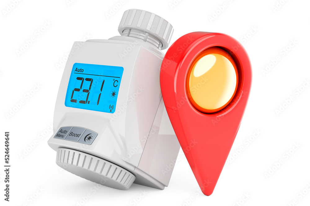 Poster digital radiator thermostatic valve with map pointer. 3d rendering