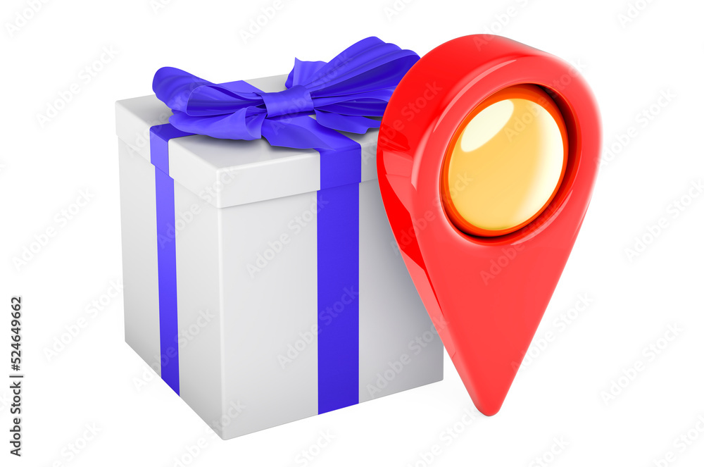 Poster gift box, present with map pointer. 3d rendering
