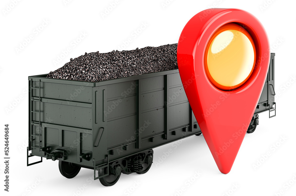 Aufkleber goods wagon full of coal with map pointer. 3d rendering