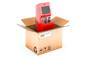 Financial services kiosk inside cardboard box, delivery concept. 3D rendering