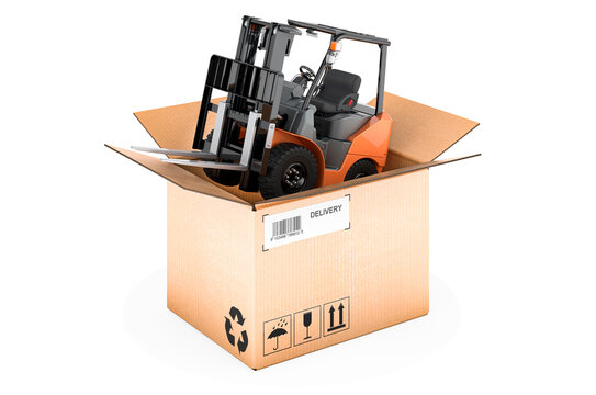 Forklift truck inside cardboard box, delivery concept. 3D rendering