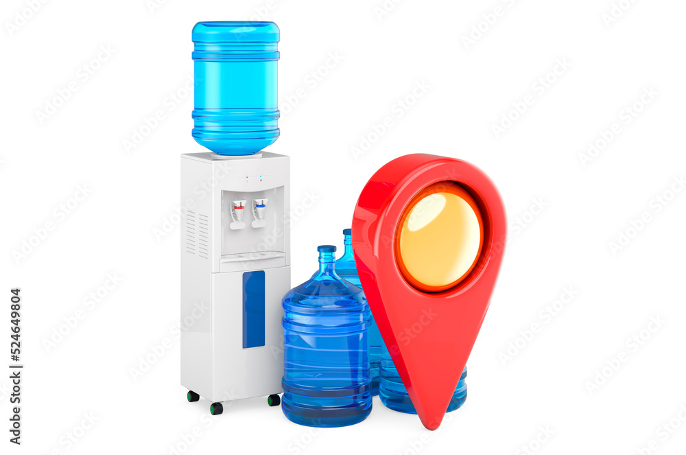 Poster water cooler with water dispenser bottles with map pointer. 3d rendering