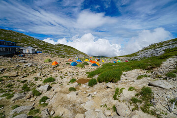 Mt. Kiso Komagatake tent site summit  Japan's Hundred Famous Mountains.  Nagano Japan Mountain lodge
