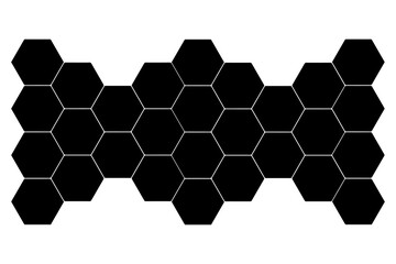 Black hexagon, honeycomb, design element, shapes, pattern with no strokes. Asset for photo collection, collage, template, frame, overlay, montage. Transparent wide panorama background..