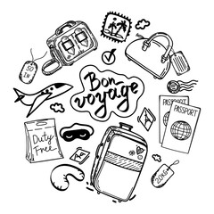 Set of objects for travel, flight, hand-drawn in sketch style. Hand-drawn inscription. Vector illustration. Large suitcase, passports, hand luggage, valise, sleep mask, bags and tags. Airplane.