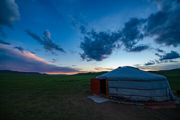 mongolian ger at sunset