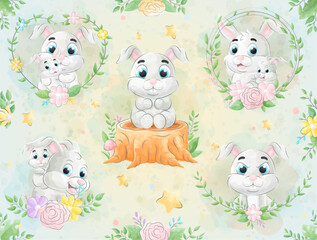 Cute little Rabbit with watercolor illustration set
