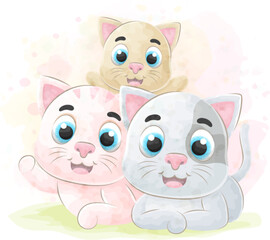 Cute little Cats with watercolor illustration