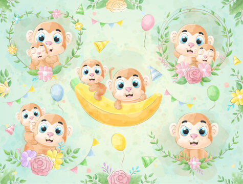Cute little Monkey with watercolor illustration set