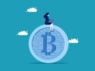 Manage finances. Businesswoman sitting on digital coins. business concept vector illustration