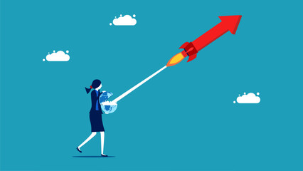 The world economy grows. Businesswoman shooting arrowhead rocket. vector illustration