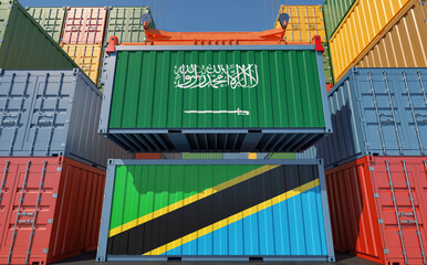 Cargo containers with Saudi Arabia and Tanzania national flags. 3D Rendering