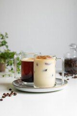 Two cups of coffee. Hot coffee in the background, coffee ice with milk in the foreground (a coffee drink made from ice cubes of coffee). Behind the coffee cups is a jar of coffee beans and ficus. 