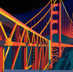Cyberpunk retro illustration of Golden Gate Bridge in San Francisco, USA. Art print for poster, card, canvas, cover, banner, fabric.