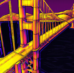 Cyberpunk retro illustration of Golden Gate Bridge in San Francisco, USA. Art print for poster, card, canvas, cover, banner, fabric.