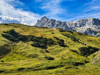 View of the beautiful green alp meadows with the sulzfluh mountain. Partnun. St.Antonien. Mountaineering. High quality photo