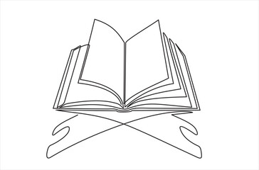 Single continuous line drawing of open Quran, holy book muslim, on placemat. Islamic holy day Ramadan Kareem and Eid Mubarak greeting card concept one line draw design vector illustration