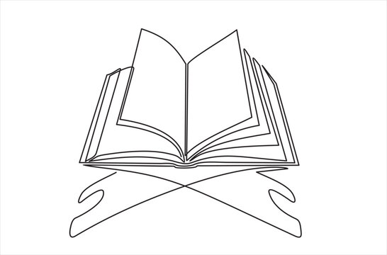 Single continuous line drawing of open Quran, holy book muslim, on placemat. Islamic holy day Ramadan Kareem and Eid Mubarak greeting card concept one line draw design vector illustration