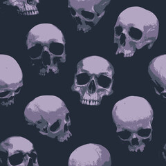 Seamless pattern with sinister skulls looking out of the dark. Monochrome vector background with realistic human skulls. Suitable for wallpaper, wrapping paper, fabric, graphic print for clothing