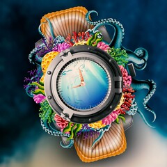 Underwater style watch. NFT Art. Deep sea, nature, water shell in vector style