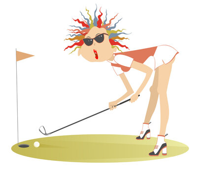 Young golfer woman on the golf course illustration. Cartoon golfer woman aiming to do a good kick isolated on white