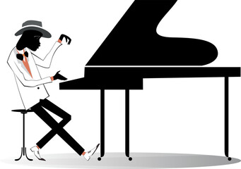 African pianist illustration. 
African musician is playing piano with inspiration isolated on white
