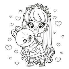 Cute cartoon long haired girl with big toy bunny in hands outlined for coloring page on a white background